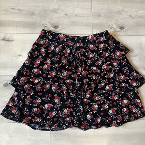 Zara Black Floral Tiered Skater Mini Skirt with Roses in size medium